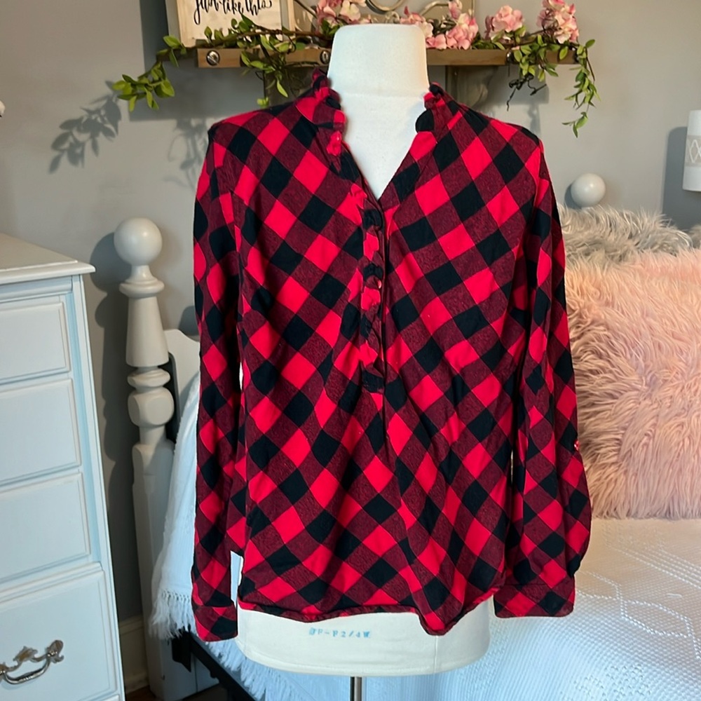 Buffalo Check Flannel Blouse Womens PM Cotton Red Black Long Sleeve